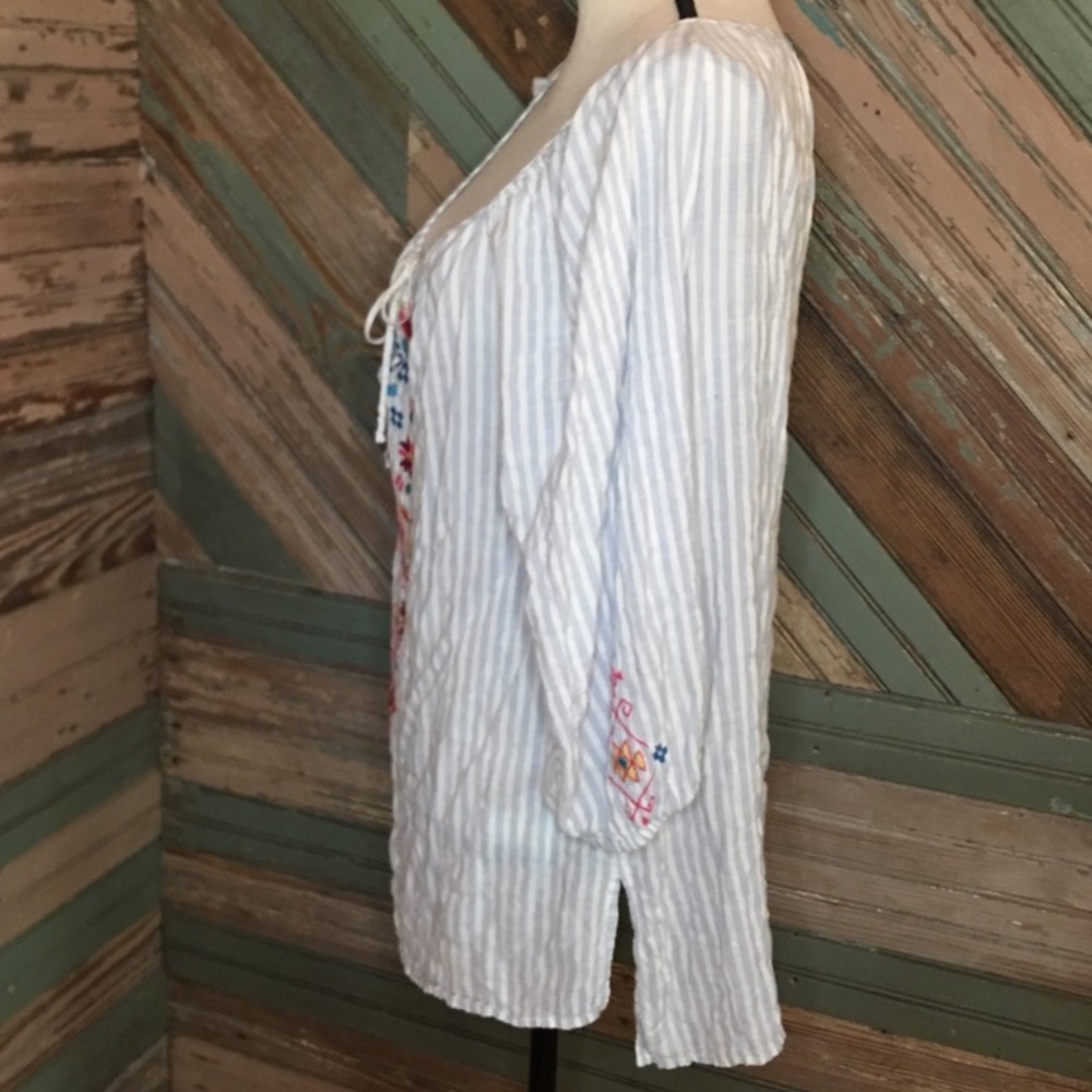 Johnny Was Light Blue Striped Peasant Top with Multicolor Embroidery Size Small - Picture 4 of 12